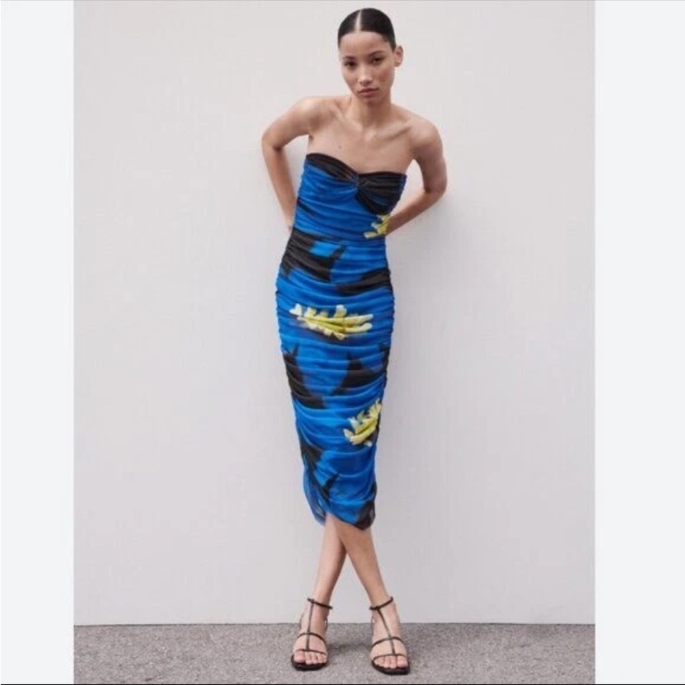 NW/OT Zara Blue and Black Strapless Dress